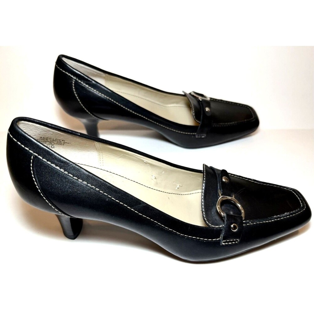 Anne Klein iFlex Felder Black Leather Pumps 7.5M Square Toe Buckle Loafer Heels